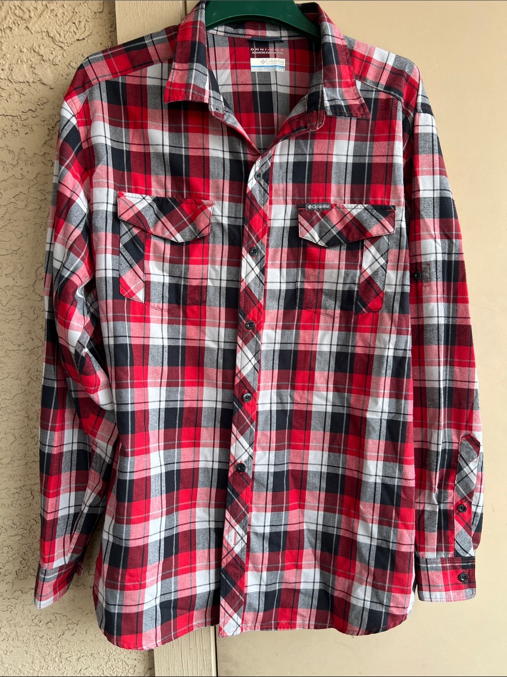 Columbia Men's Red Black and White Plaid Button-Down Shirt